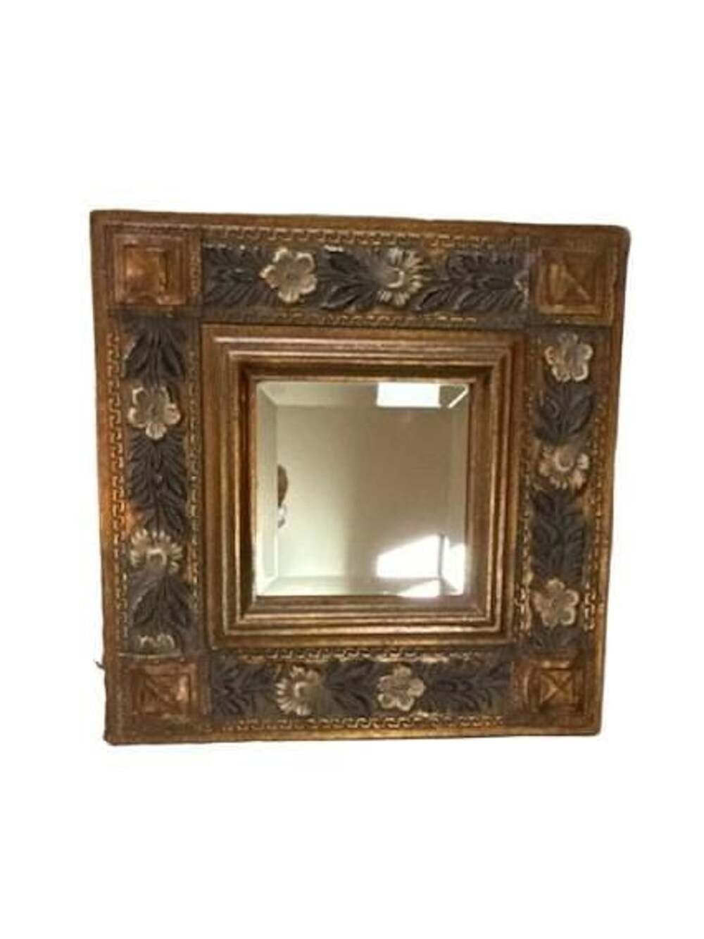 Vintage Baroque Style Ornate Beveled Glass Wall Mirror Gold Gilt Floral 14x14